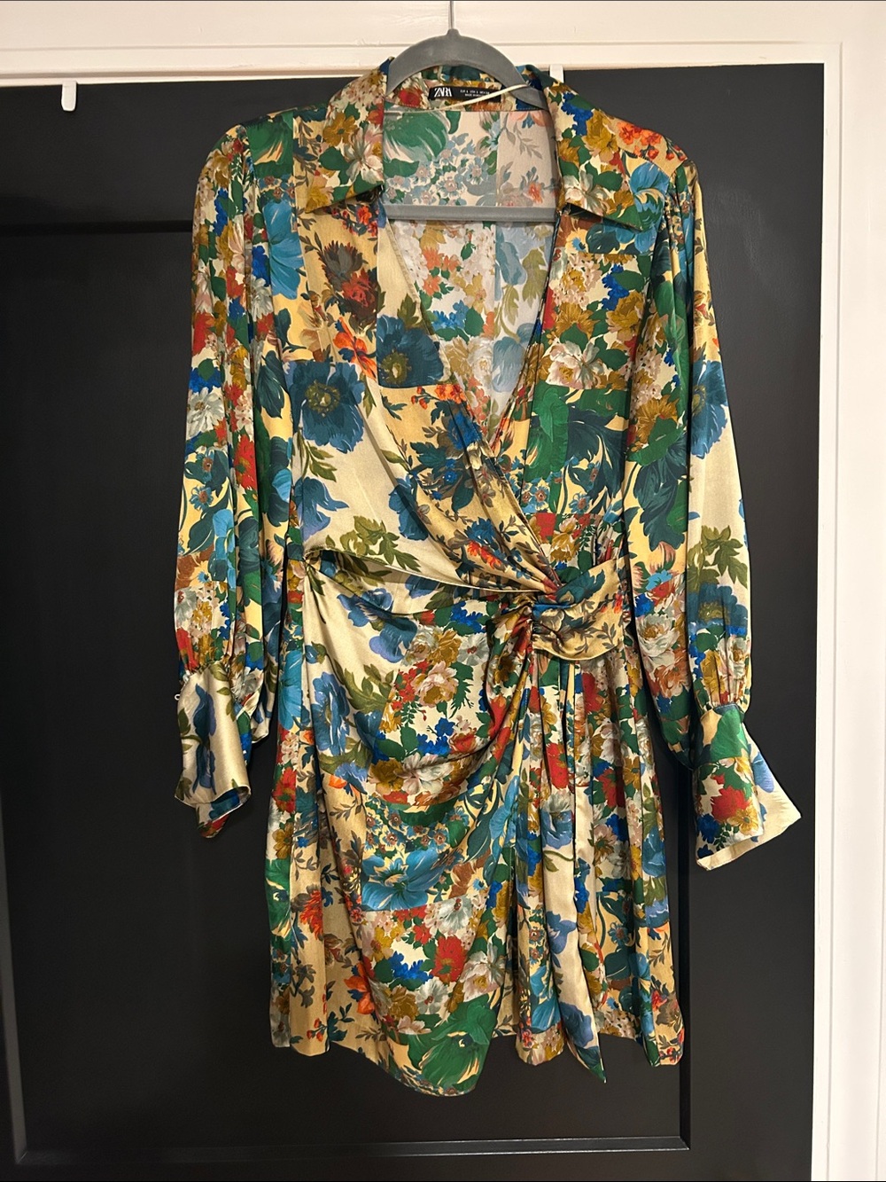 Zara Gold Satin Floral Twist-Front Long Sleeve Dress